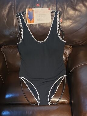 Betsey Johnson Black One-Piece Swimsuit with White Scallop Trim